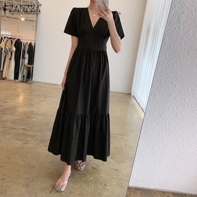 Đầm maxi Zanzea ngắn tay lưng thun nhiều lớp phong cách Hàn Quốc thời trang cho nữ