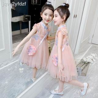 ✙✱Cô gái váy mùa hè 2021 trẻ em mới lưới màu đỏ công chúa Hanfu sườn xám