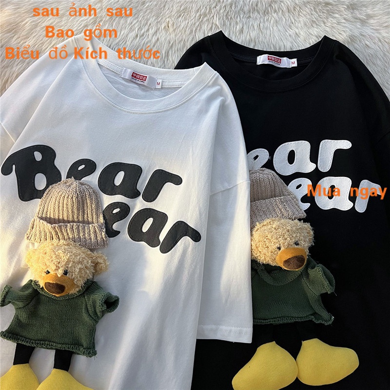 Áo Thun Cotton Tay Ngắn Cổ Tròn Dáng Rộng In Hình Gấu Bông 3D Thời Trang Cho Cặp Đôi