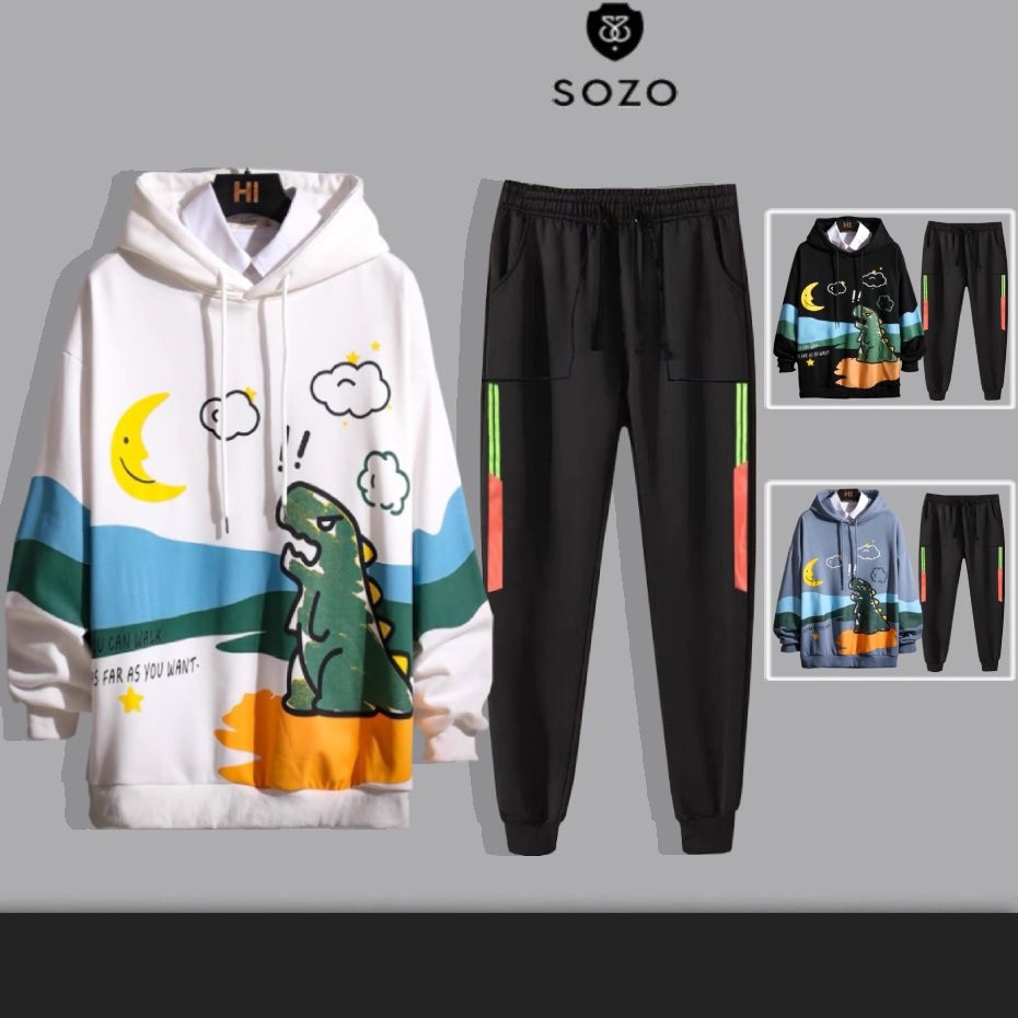 Set Bộ 2 Món Quần Dài + Áo Hoodie Nón Nam Nữ Unisex Chất Vải Nỉ CB2_WAH033NO_MQU075NODEF7 (Khủng Long + 2 Sọc Túi Vuông)