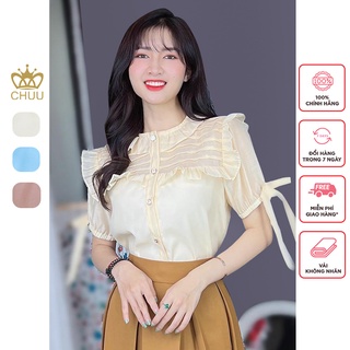 Áo sơ mi tay ngắn cột nơ viền bèo cho nữ công sở CHUU A8026