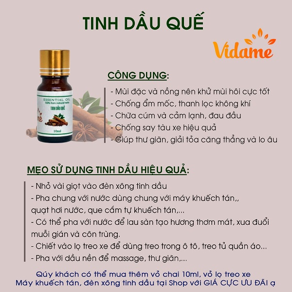 [COMBO 2 LỌ 100ML] Tinh Dầu Quế VIDAME - Hàng Chính Hãng, Được chiết xuất 100% từ vỏ quế, lá quế tự nhiên