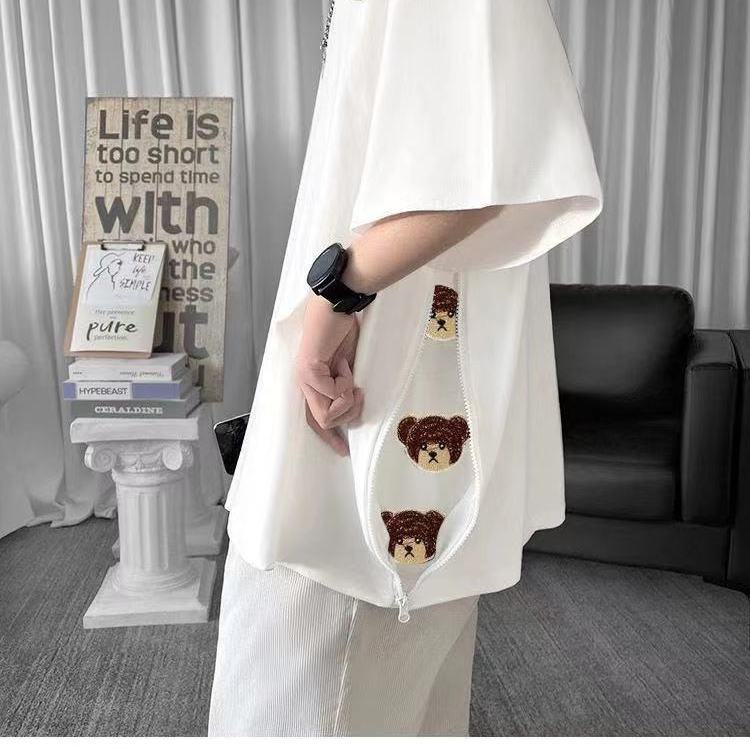 Áo Thun Tay Ngắn Dáng Rộng Có Khóa Kéo Thêu Hình Gấu Dễ Phối Đồ Thời Trang Mùa Hè Cho Nam