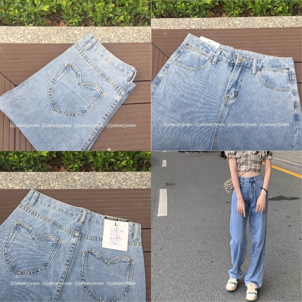 Quần jeans suông cạp hở độc lạ túi sau hình trái tim