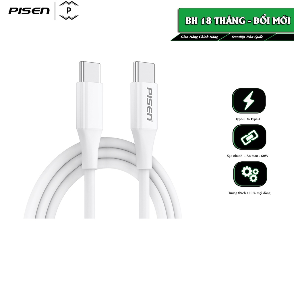 Cáp PISEN Quick Dual Type-C 3A Data 1000mm, sạc nhanh, công suất sạc 60W, model: TC38-1000 - Hàng chính hãng