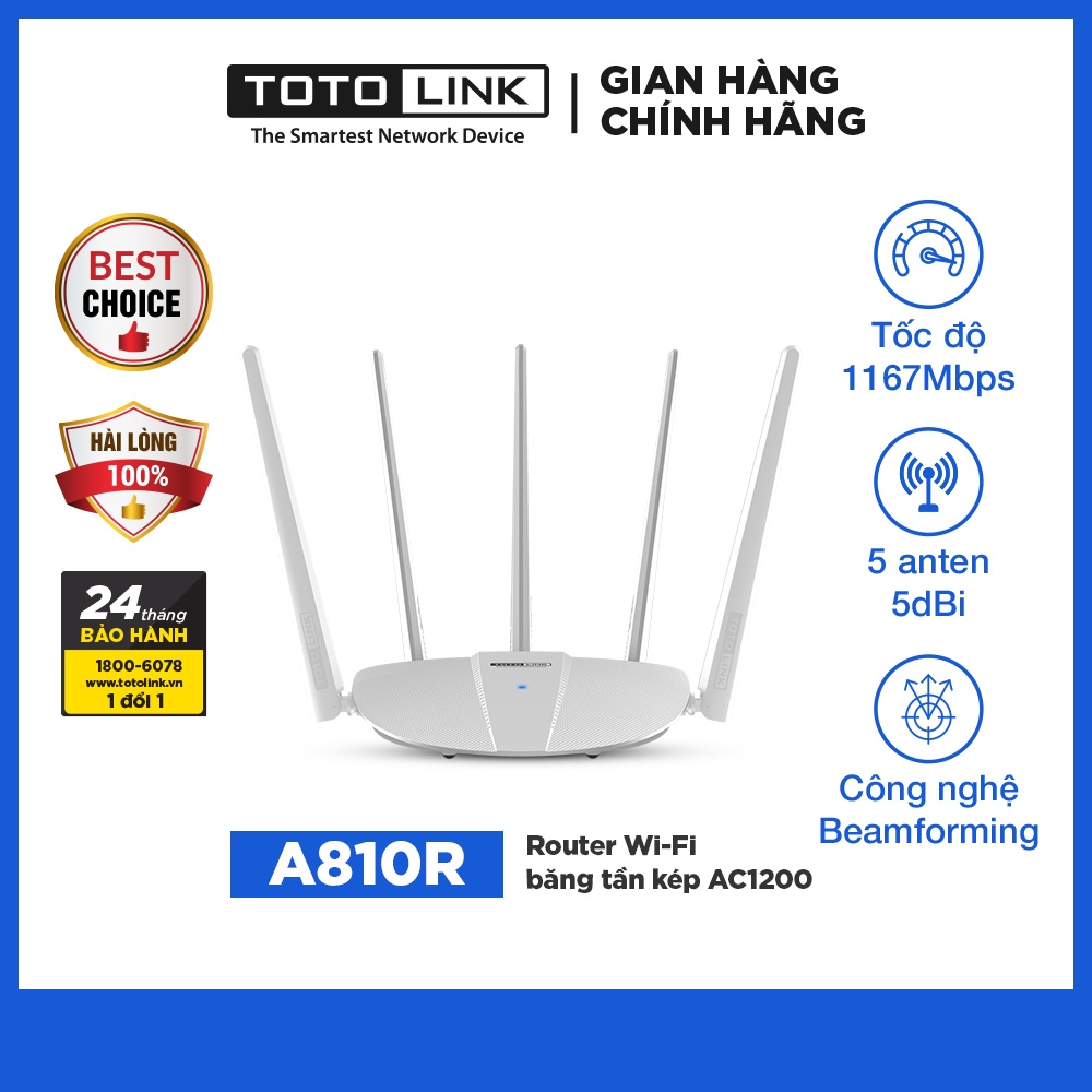 Cục phát wifi router wifi băng tần kép chuẩn AC 1200Mbps TOTOLINK A810R