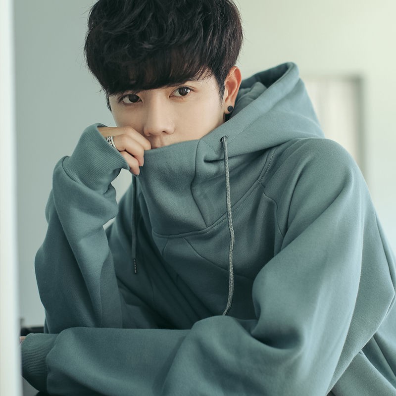 Áo Hoodie Lót Nhung Dày Dặn Dáng Rộng Cổ Cao Phong Cách Hàn Quốc Thời Trang Mùa Đông Cho Nam