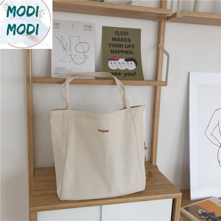 [G03] (Freeship từ 50k)Modi MD50- Túi tote vintage size lớn thêu chữ "BONJOUR" S021