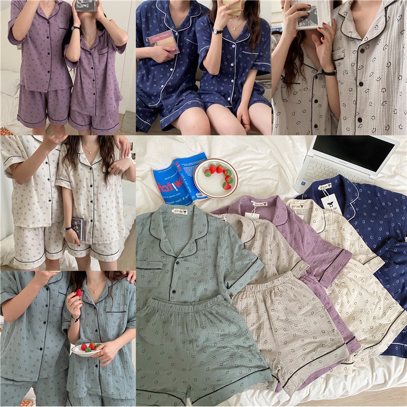 [ORDER] Đồ ngủ vải xô muslin họa tiết mặt cười nhiều màu cho cặp đôi mùa hè ulzzang