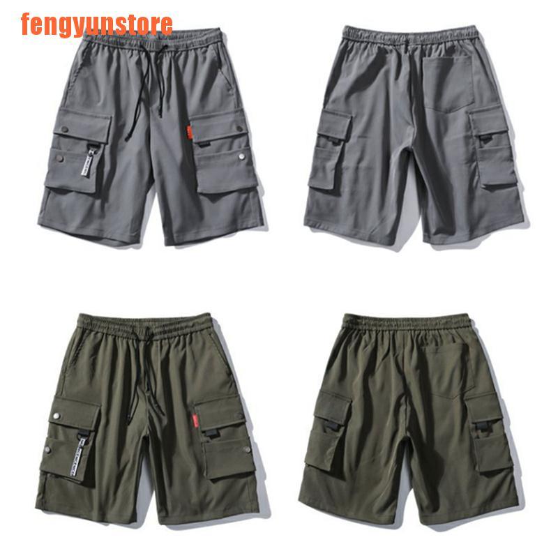 【pen】Mens Shorts Bermuda Cargo Multi-Pocket Pants Elastic Waist Knee Length Sho