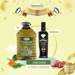 Combo dầu ăn oliu hanoli chai 5l và dầu oliu siêu nguyên chất green diamond p.d.o kalamata chai 500ml
