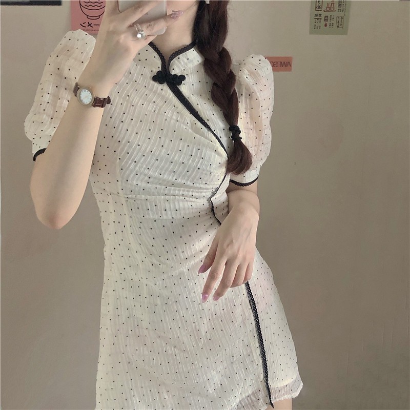 Đầm nữ dáng ôm chấm bi tay ngắn cổ tàu Emilyshop