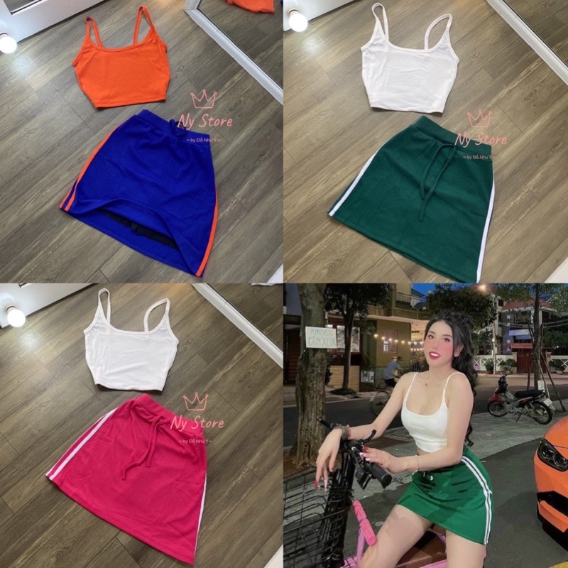 SET ÁO DÂY CROPTOP VÀ CHÂN VÁY SỌC