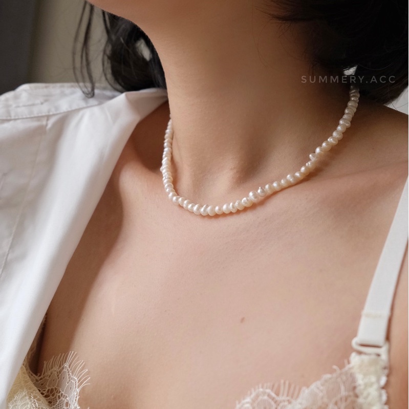 Vòng cổ ngọc SUMMERY chocker ngọc chốt bông hoa bạc 925 dây chuyền S925