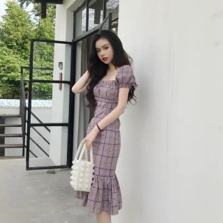 [Sẵn] Ảnh thật phía sau Đầm đuôi cá kẻ size SM DQC78