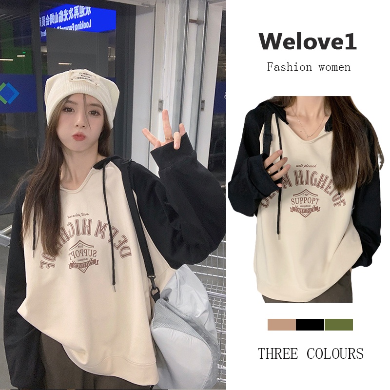 Áo hoodie nữ tay dài dáng rộng in hình màu sắc retro dễ phối đồ phong cách Mỹ