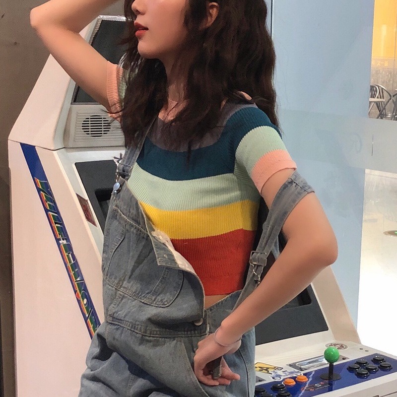 Áo thun ZHELIHANGFEI dệt kim tay ngắn kẻ sọc cầu vồng dễ thương