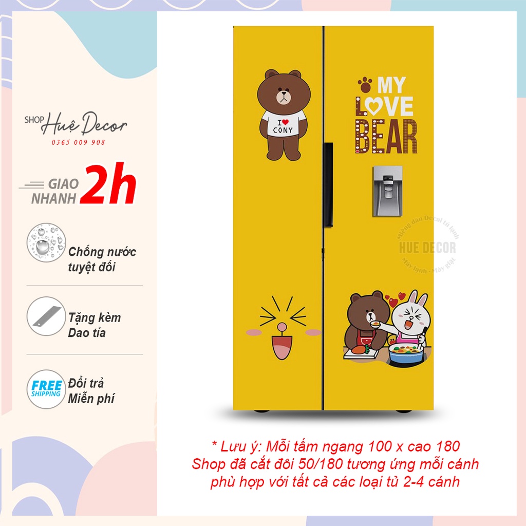 Decal dán tủ lạnh 2 cánh, 4 cánh gấu Brown hue decor, chống nước siêu bền, chất lượng, giá rẻ