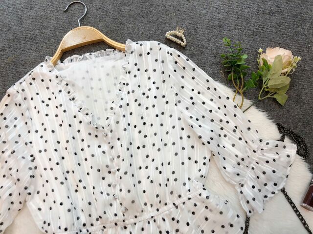 Váy midi vintage chấm bi 3 tầng hàng chuẩn Auth