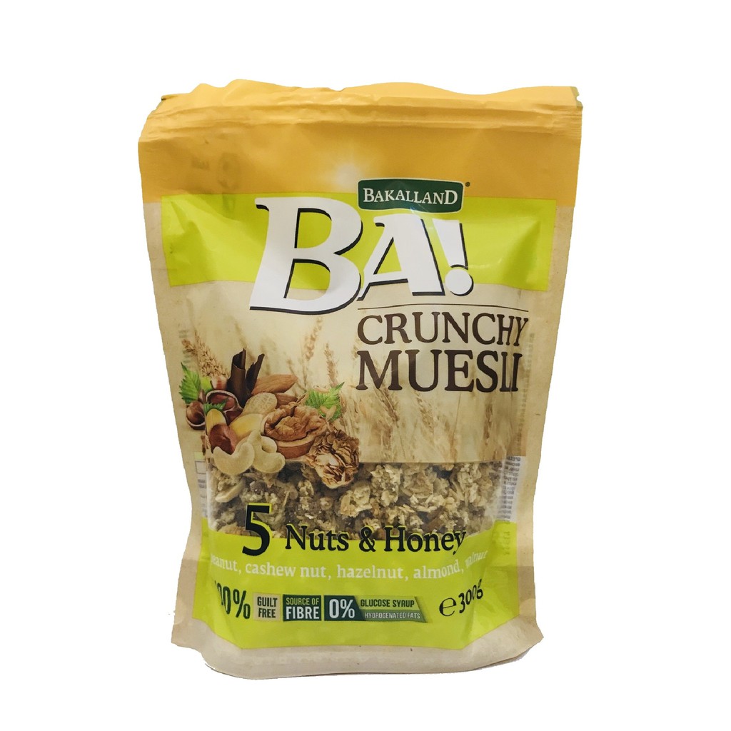 Ngũ cốc trái cây BAKALLAND Muesli giòn và hạt óc chó, hạnh nhân, hạt phỉ, mật ong và đậu phộng. VÀNG