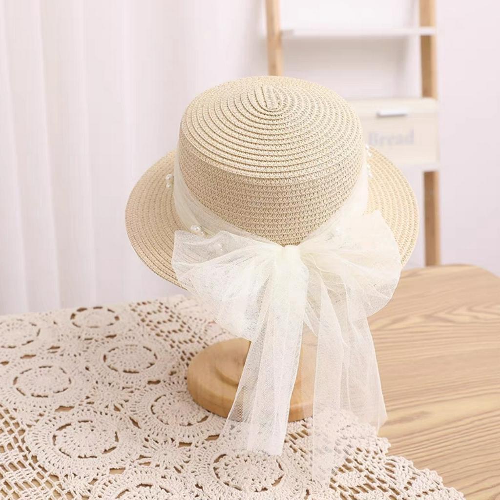 Mũ Cói Thắt Nơ Voan Lưới Đính Hạt Cho Mẹ &amp; Bé