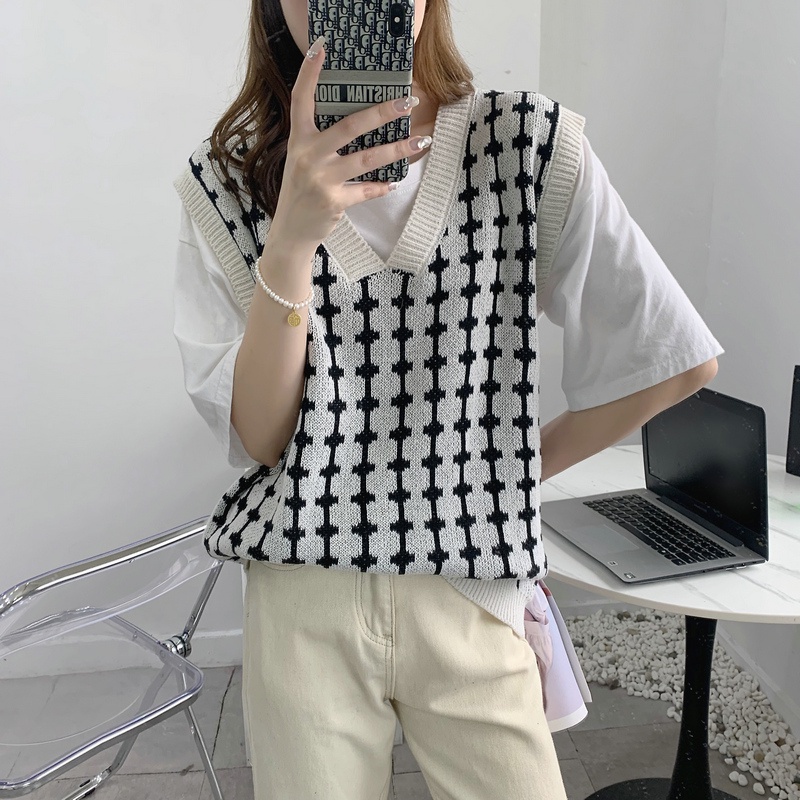 SUXI Áo Dệt Kim Sát Nách Dáng Rộng Cổ Chữ V Thời Trang Hàn Quốc Dễ Phối Đồ Cho Nữ