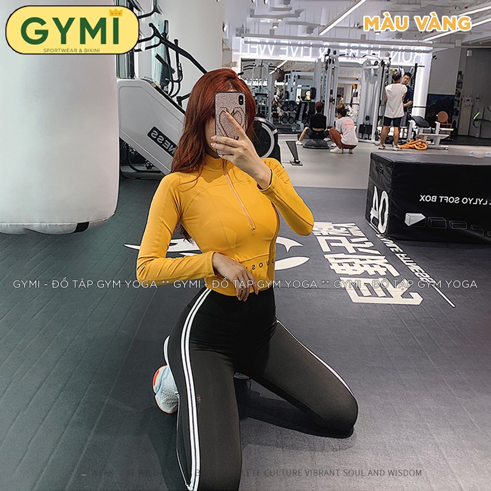 Áo tập gym yoga nữ dài tay GYMI AD13 dáng croptop thể thao có khoá kéo chất thun poly mịn mát co giãn