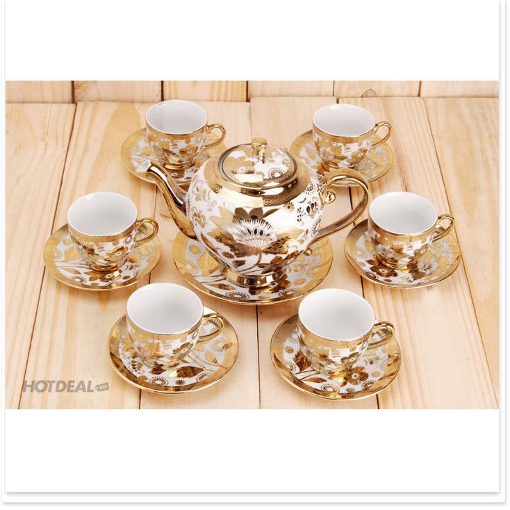 BỘ TÁCH TRÀ HOA VĂN NHŨ VÀNG HOÀNG GIA - BỘ ẤM CHÉN UỐNG TRÀ 6 LY CAO CẤP