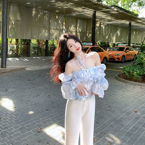 Áo Voan Trễ Vai In Họa Tiết Hoa Màu Xanh Dương Trắng Dễ Thương Thời Trang Cao Cấp Cho Nữ