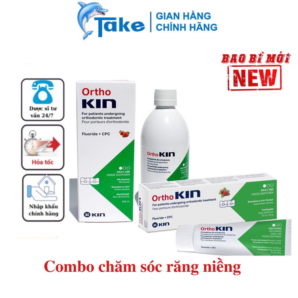 TAKE Store  Combo Kem đánh răng và Nước súc miệng ORTHO KIN cho răng niềng