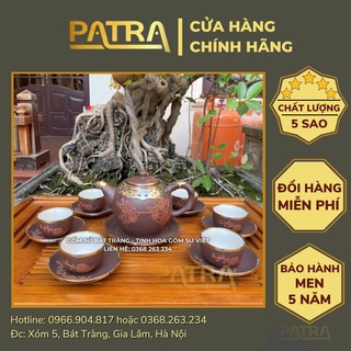 Bộ ấm chén uống trà cao cấp , bộ ấm trà Bát Tràng - trường sa nhật nguyệt khác đào hoa bọc đồng trắng