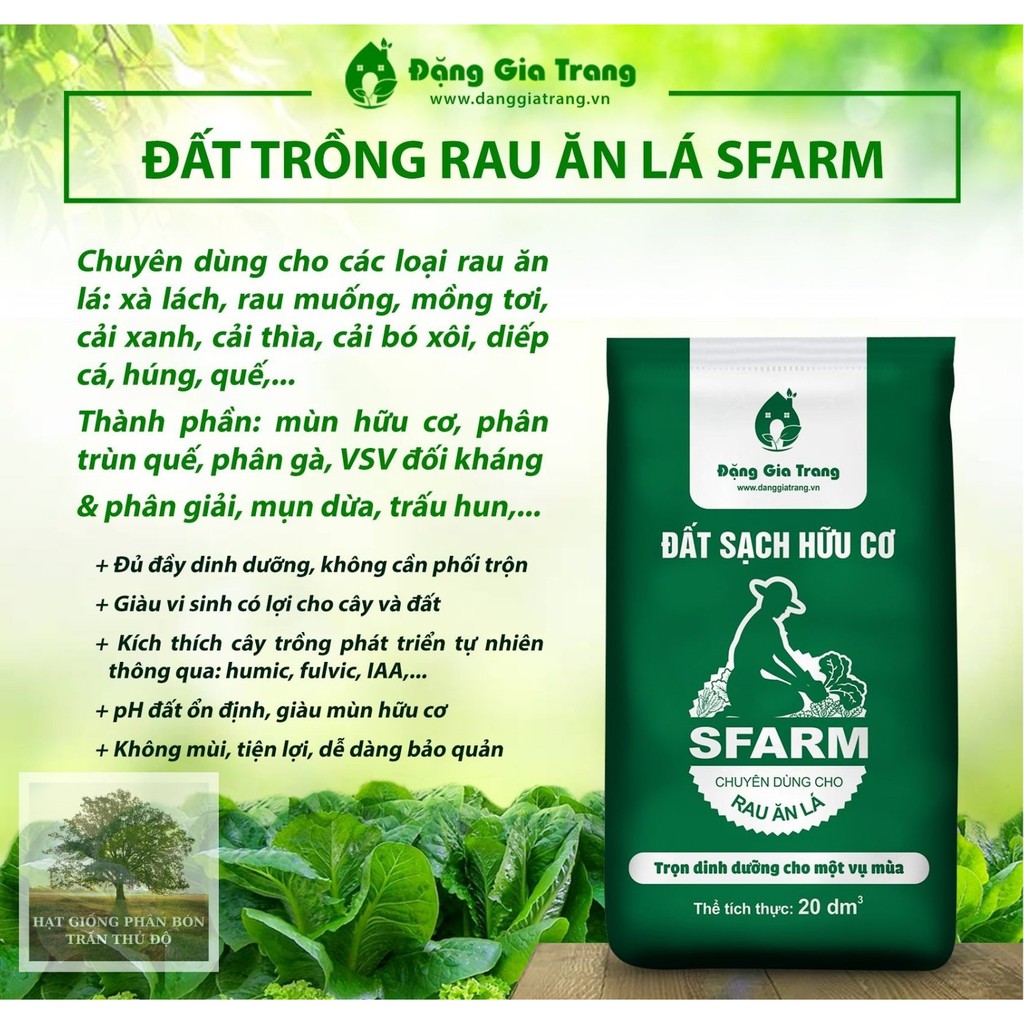 ĐẤT SẠCH TRỒNG RAU ĂN LÁ HỮU CƠ SFARM 20DM3