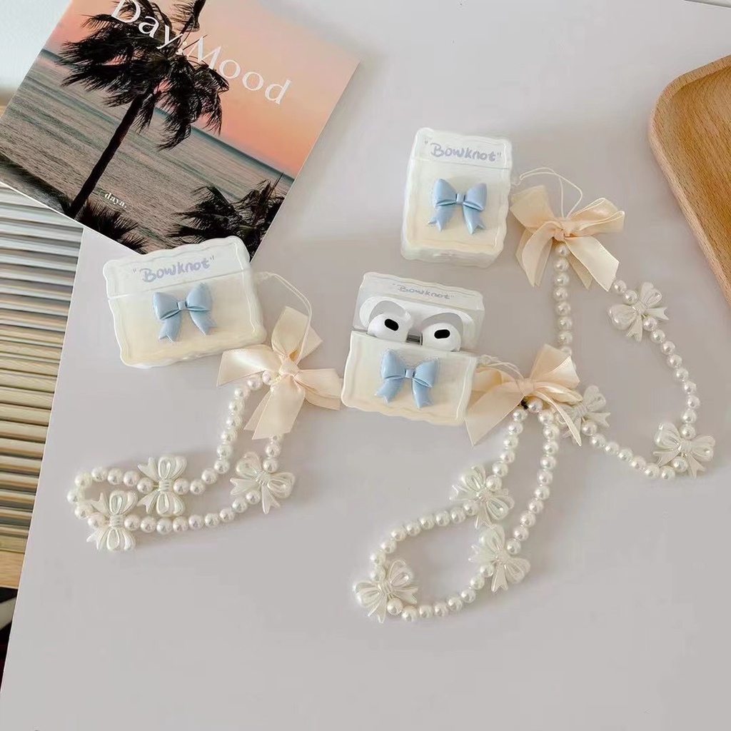 Vỏ Bảo Vệ Hộp Sạc Tai Nghe Bluetooth AirPods Pro / 1 / 2 / 3 / Pro Đính Nơ Màu Trắng Xinh Xắn