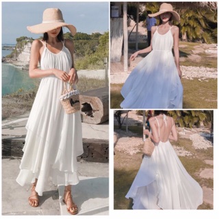 Đầm maxi voan trắng yếm suông hở lưng tà 2 lớp đi biển vintage