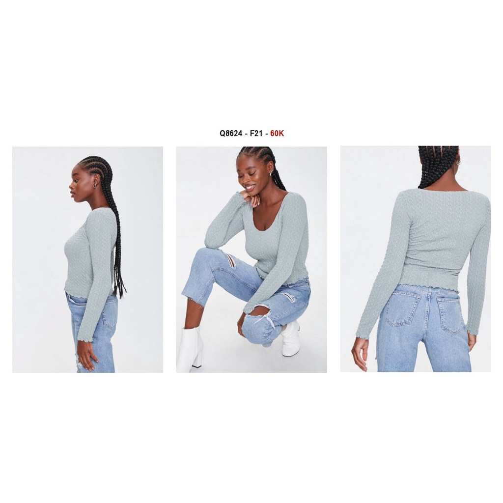 Q8624 - Áo thun F21 cổ tròn rộng, tay dài xoắn lai, dệt kim