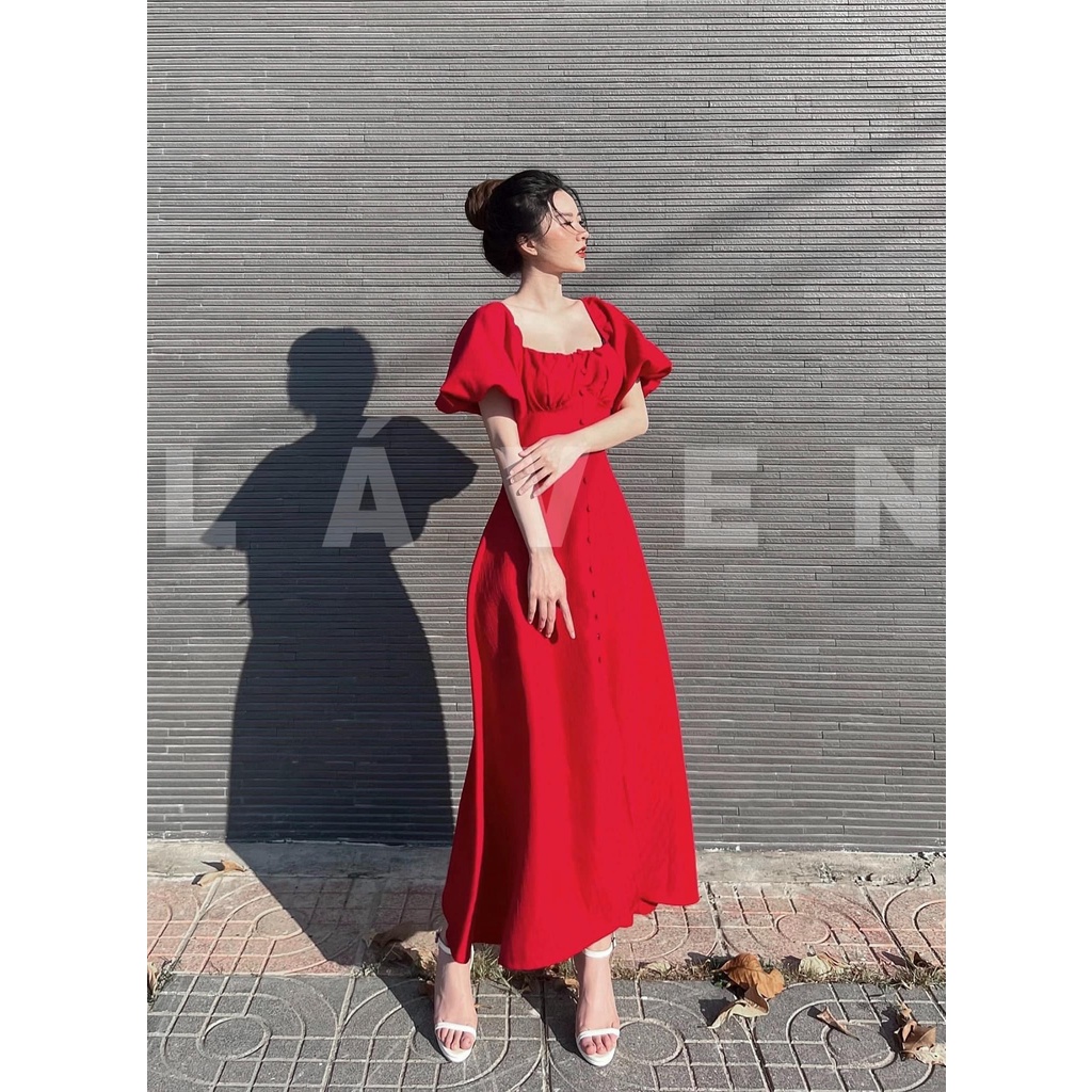 Đầm maxi đi biển tay phồng (Có mút ngực) phối hàng nút sang chảnh đa dạng màu sắc (Đen, Xanh, Nâu, Đỏ).
