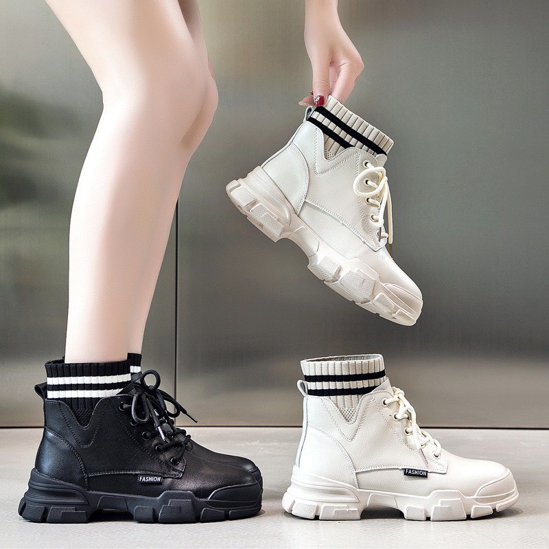 Giày MWC 0554 - Giày Thể Thao Nữ Đế Độn, Sneaker Cổ Cao Đế 3CM Da Trơn Hot Trend