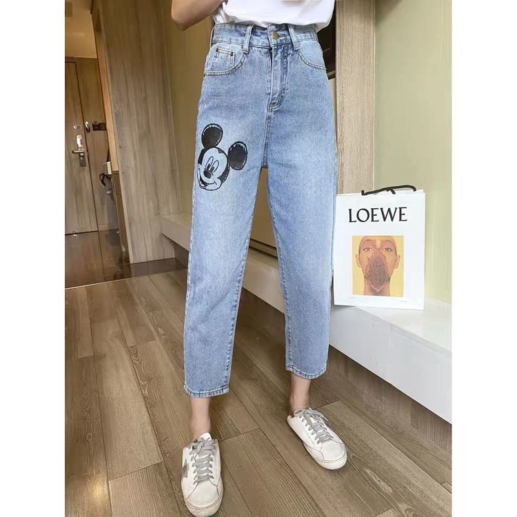 Quần jeans Baggy nữ màu Xanh Đá Nhạt in hình Mèo Đen Phom To đủ size MLJ