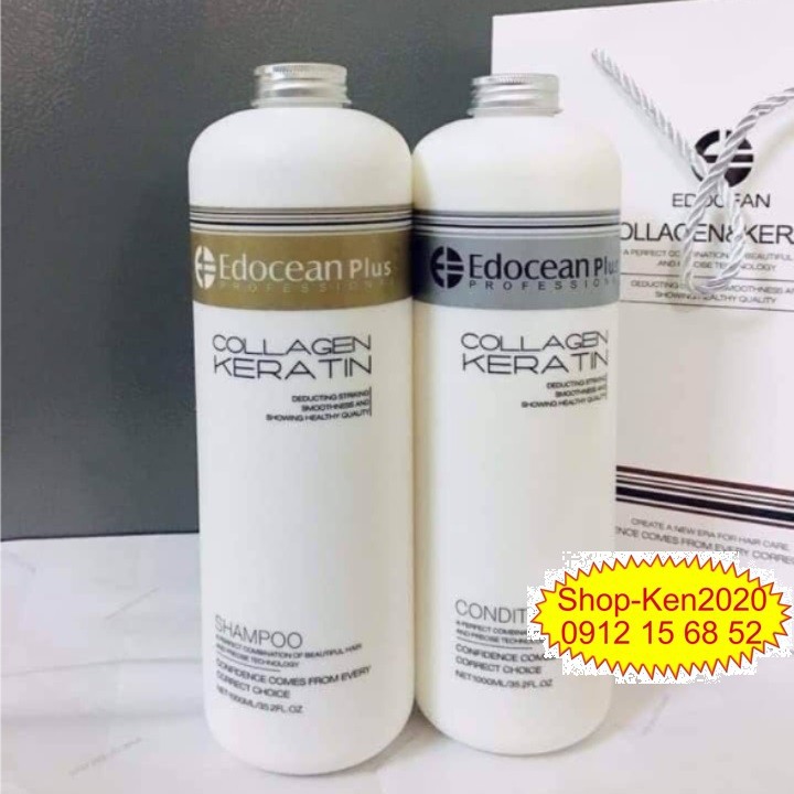 Cặp dầu gội xả Edocean Collagen Keratin Plus 1000ml x2 phục hồi kích thích mọc tóc