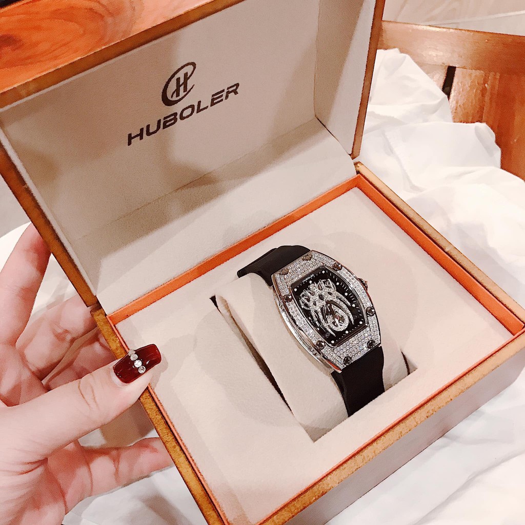 Đồng Hồ Huboler Nữ Dây Da Silicon Đen Mặt Nhện 31x42mm Silver Authentic