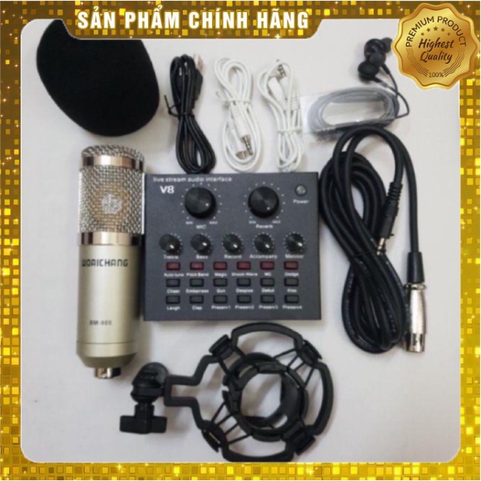 Đủ Bộ Soundcard V8 Chính Hãng Bluetooth + Micro Thu Âm, Livetream BM900 Cực Nhạy, Có AutoTune Chuẩn Phòng Thu