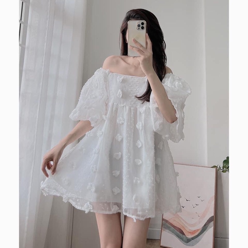 Áo váy babydoll hoa nổi tay bồng dễ thương Pea Store