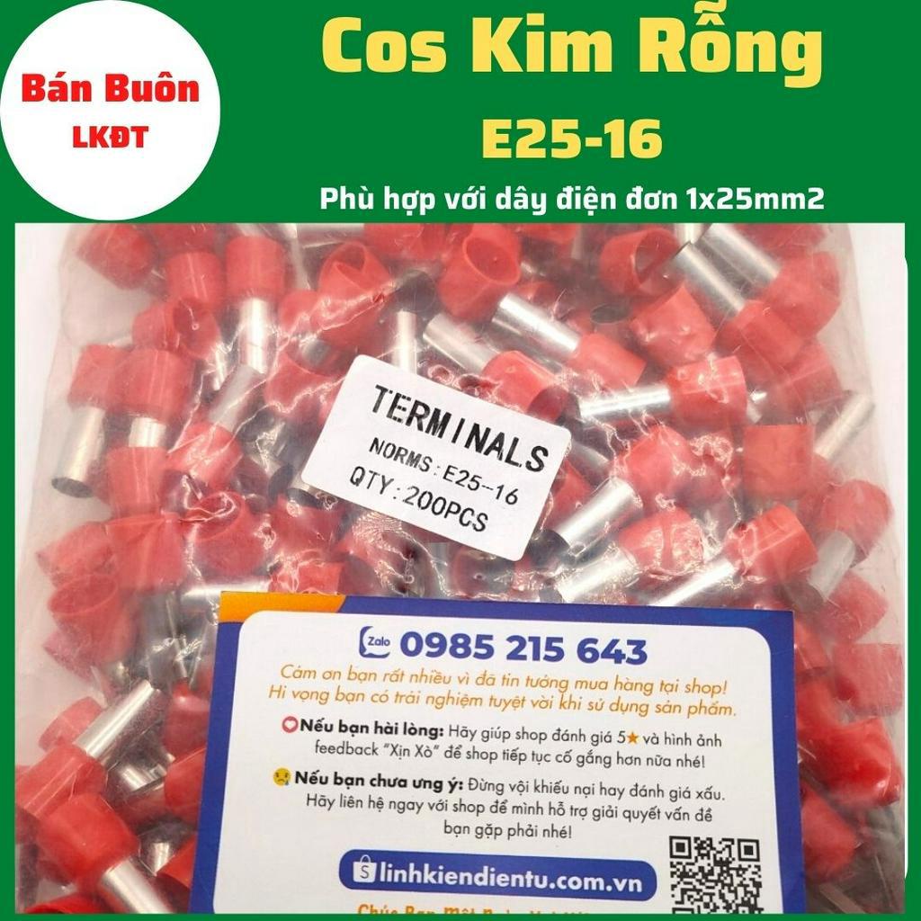Đầu cos kim rỗng E25-16,  cos kim E25-16, đầu cos kim rỗng dùng cho dây điện 25mm, đầu cos dây điện, cos kim đơn