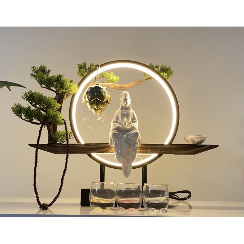 Thác khói đèn led cây xanh trang trí tượng Phật