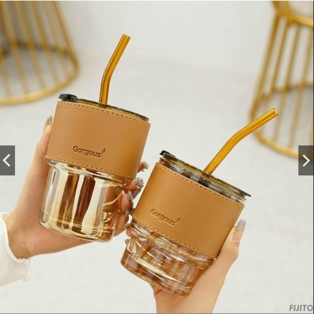 Cốc Thuỷ Tinh GorGous Bọc Da Sang Trọng Kèm Ống Hút - Khắc Tên Theo Yêu Cầu
