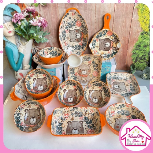 Set Bát Đĩa Decor Gấu Nâu Bát Ăn Cơm Chén Dĩa Dễ Thương Bát Ăn Dặm Cho Bé