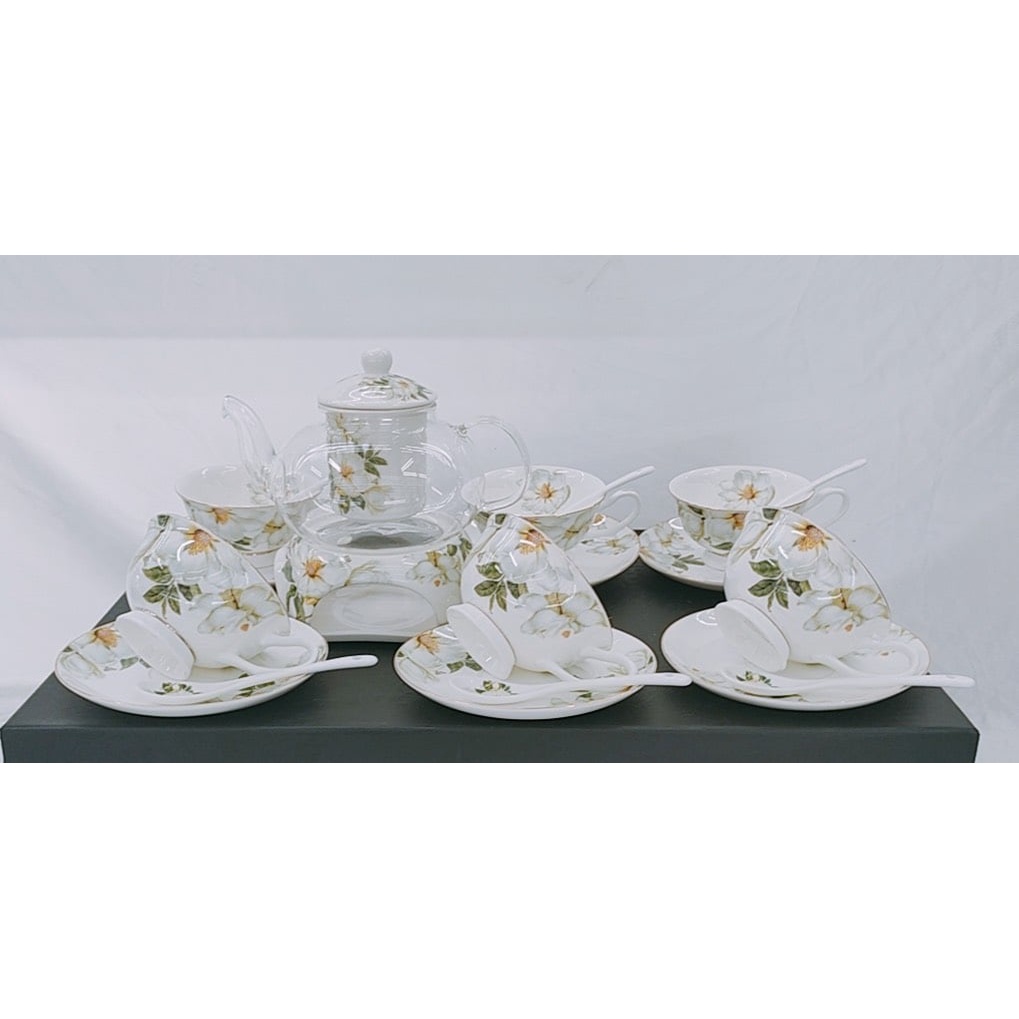Bộ ấm chén kèm đĩa lót tách pha trà hoa sứ xương cao cấp màu trắng xanh xanh hoạ tiết hoa tinh tế