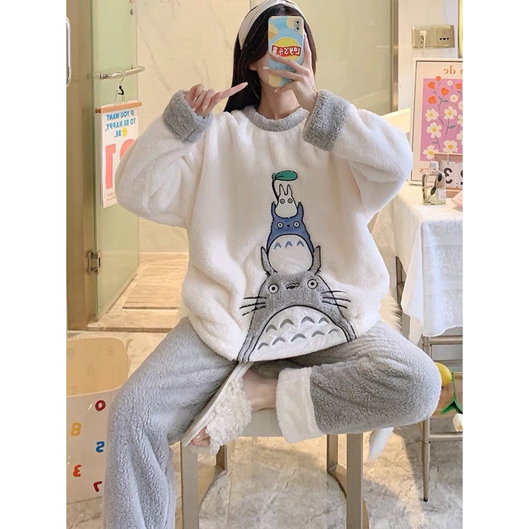 Bộ Lông Cừu Unisex Nam Nữ Totoro Màu Xám Dáng Rộng Mặc Nhà Mùa Đông Ấm Uzzlang