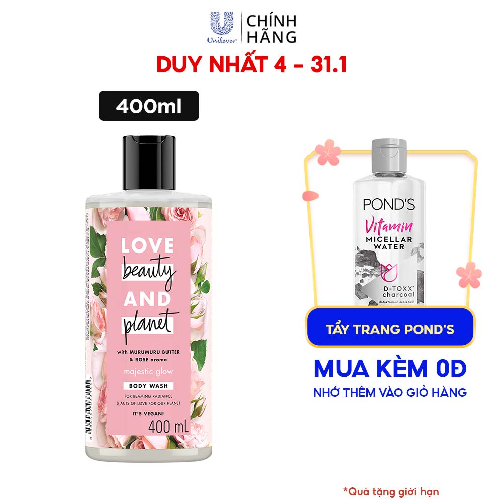 Sữa Tắm Love Beauty &amp; Planet Majestic Glow Làm Sáng Da Dưỡng Ẩm Từ Thiên Nhiên 100% Tinh Dầu Hoa Hồng Bulgaria 400Ml