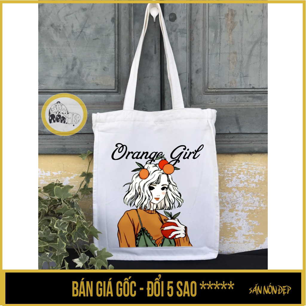 Túi tote vải canvas, có khóa kéo in hình cô gái và trái cam orange girl - Săn Nón Đẹp